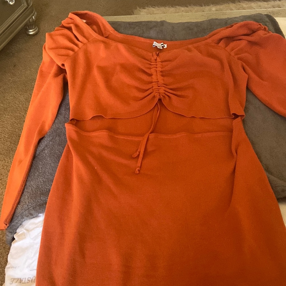 Orange long sleeve sweater mini dress